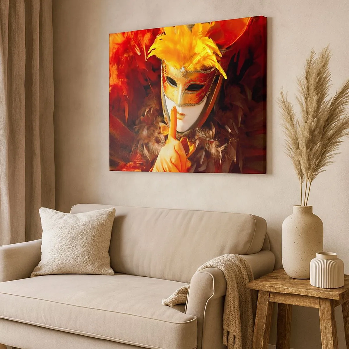 Cuadro sobre lienzo - Impresión de Imagen - Máscara de carnaval en tonos dorados y naranjas. - 70x50cm - El misterio es parte del juego - Decoración de pared moderna para salón y dormitorio ARTTOR