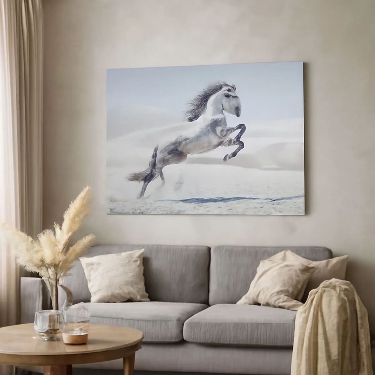 Cuadro sobre lienzo - Impresión de Imagen - Un caballo blanco galopando con las dunas del desierto como telón de fondo. - 70x50cm - Un príncipe árabe - Decoración de pared moderna para salón y dormitorio ARTTOR