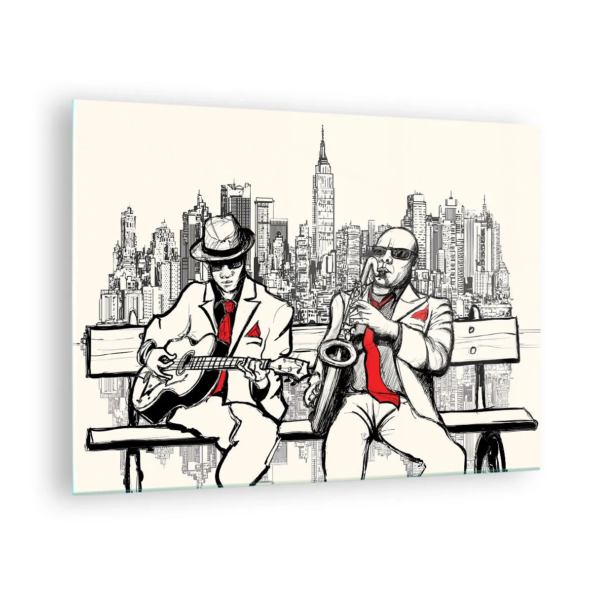 Cuadro sobre vidrio - Impresiones sobre Vidrio - Dos músicos de jazz tocando con el horizonte de la ciudad como telón de fondo. - 70x50cm - Improvisación en Nueva York - Decoración de pared moderna para salón y dormitorio ARTTOR