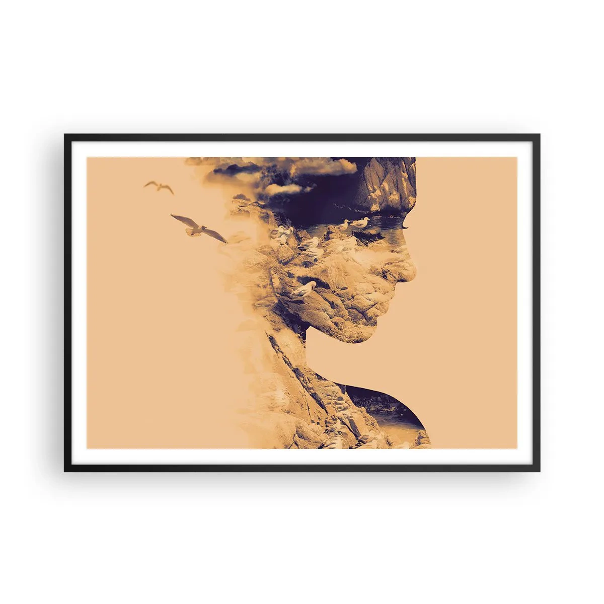 Póster en marco negro - Perfil de una mujer con la naturaleza al fondo en tonos cálidos - 100x70cm - Hermosa por naturaleza - Decoración de pared moderna para salón y dormitorio ARTTOR