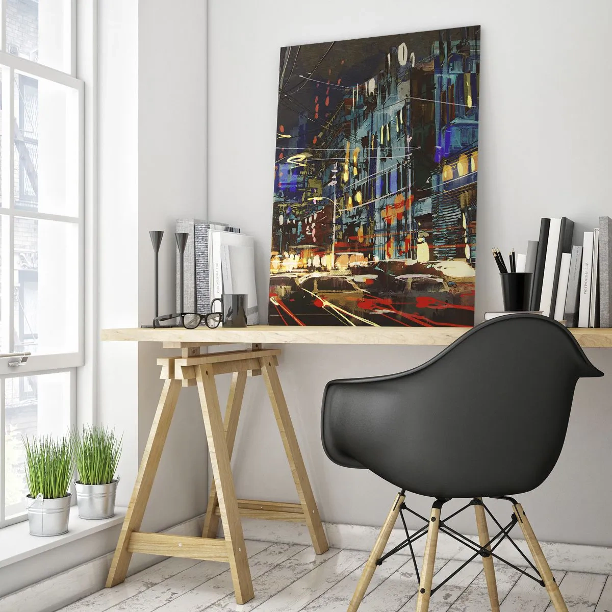 Cuadro sobre vidrio - Impresiones sobre Vidrio - Calle de la ciudad al atardecer con luces de neón y tráfico. - 50x70cm - El bullicio nocturno de la calle - Decoración de pared moderna para salón y dormitorio ARTTOR