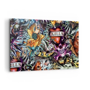 Cuadro sobre lienzo - Impresión de Imagen - Obra de arte colorida estilo tatuaje con calaveras y motivos náuticos. - 100x70cm - El sueño de un tatuador - Decoración de pared moderna para salón y dormitorio ARTTOR