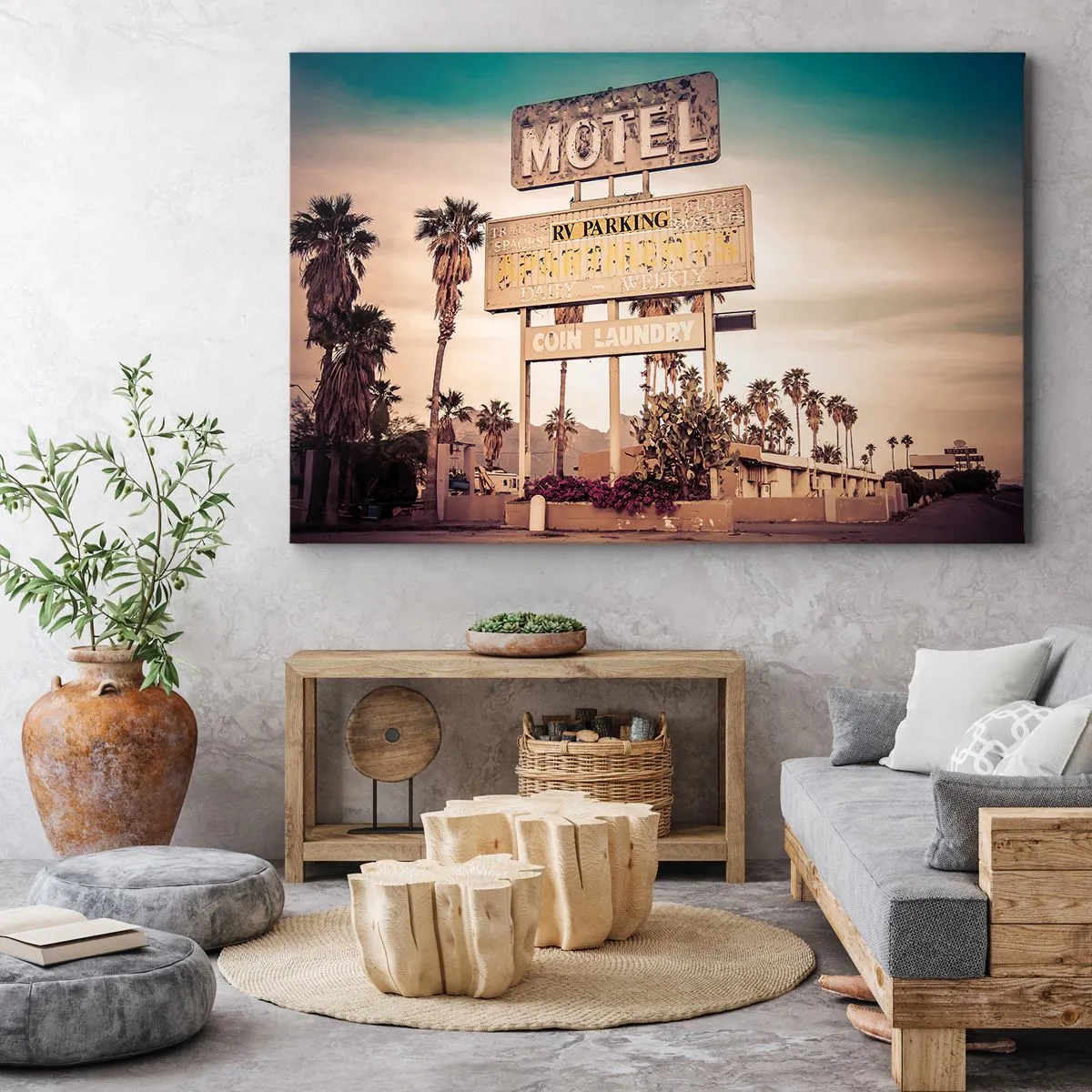 Cuadro sobre lienzo - Impresión de Imagen - Letrero de motel retro rodeado de palmeras - 70x50cm - El tiempo se detuvo - Decoración de pared moderna para salón y dormitorio ARTTOR