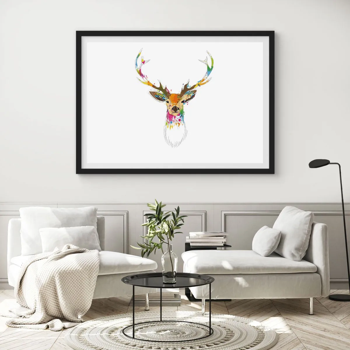 Póster en marco negro - Cabeza de ciervo colorida en estilo artístico. - 100x70cm - Un suave ciervo bañado en color - Decoración de pared moderna para salón y dormitorio ARTTOR