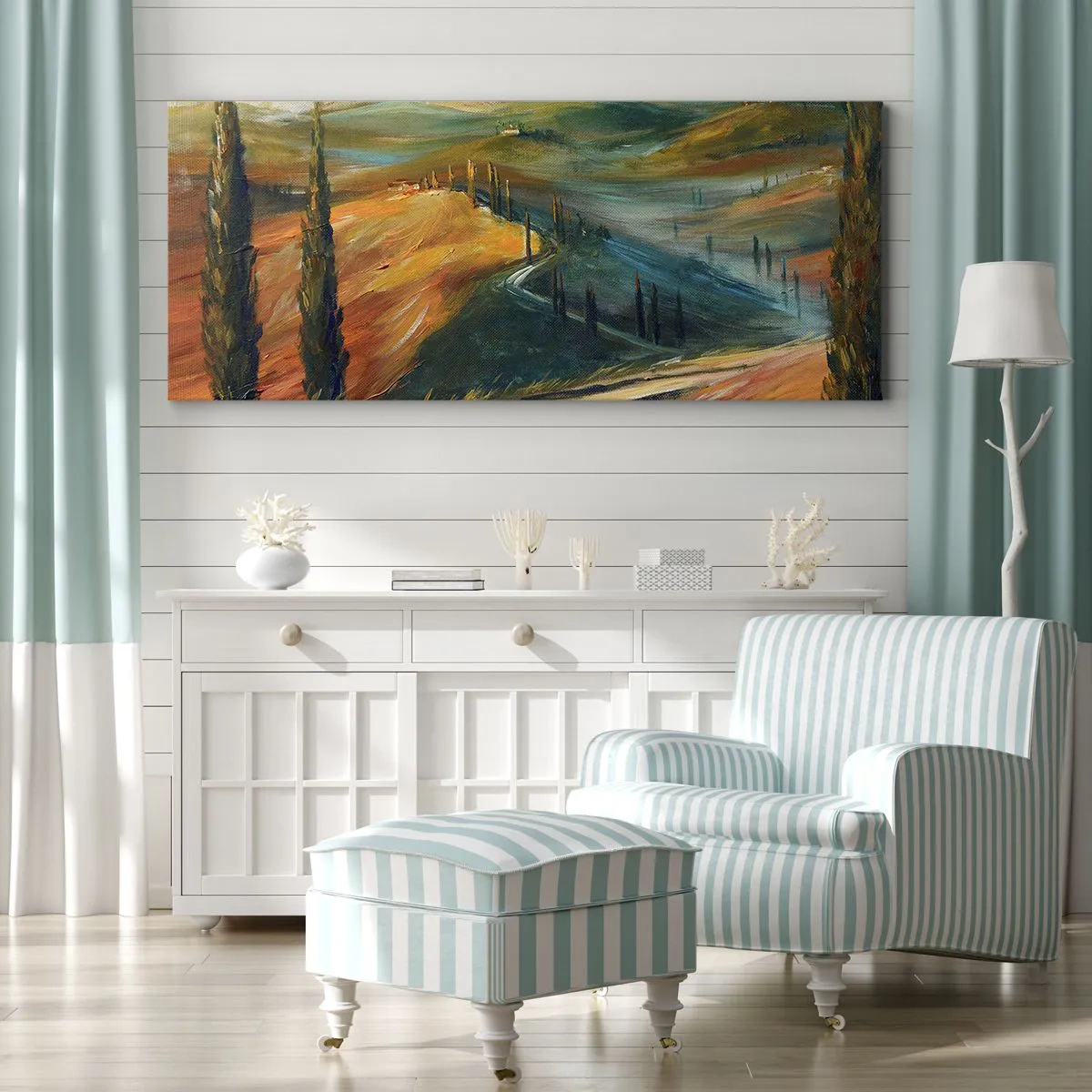 Cuadro sobre lienzo - Impresión de Imagen - Paisaje toscano con campos, camino y cipreses. - 160x50cm - Paisaje toscano - Decoración de pared moderna para salón y dormitorio ARTTOR