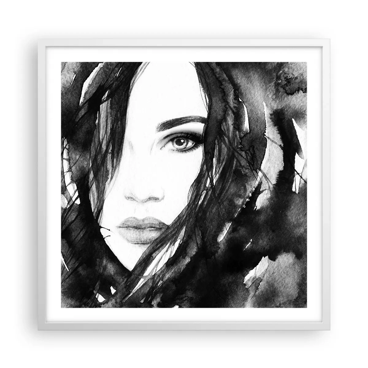 Póster en marco blanco - Retrato de una dama en blanco y negro - 60x60 cm