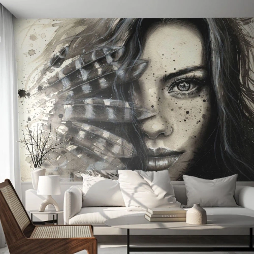 Fotomural Premium Sand - Retrato de una mujer con plumas en estilo monocromático. - 100x70cm - Belleza salvaje - Decoración de pared moderna para salón y dormitorio ARTTOR