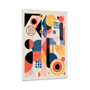 Cuadro sobre vidrio - Impresiones sobre Vidrio - Abstracción geométrica colorida con círculos y triángulos. - 50x70cm - Composición: juegos - Decoración de pared moderna para salón y dormitorio ARTTOR