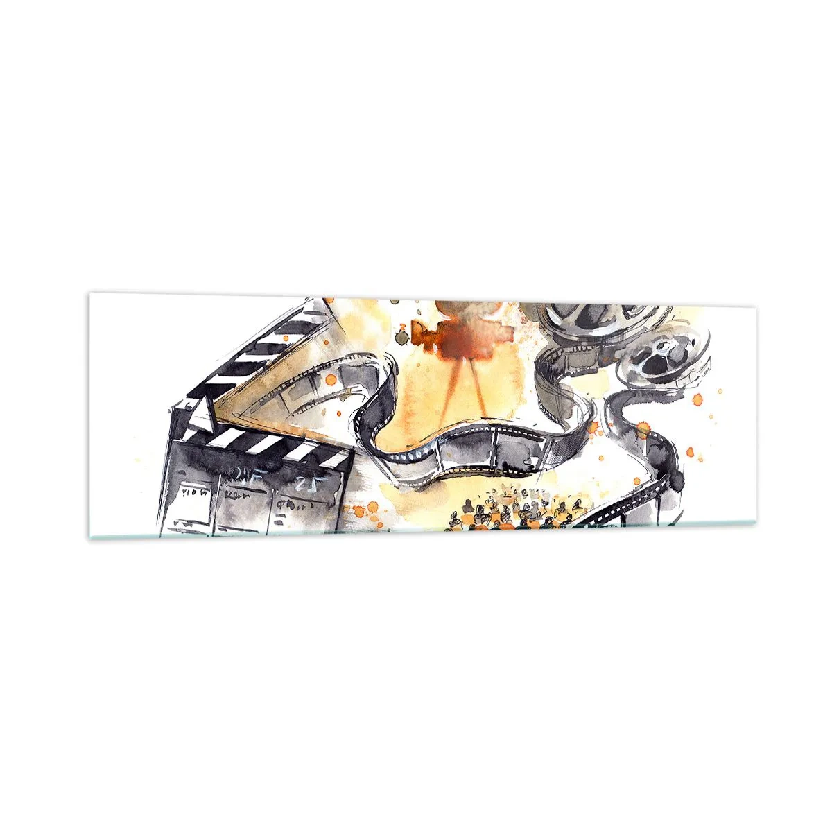 Cuadro sobre vidrio - Impresiones sobre Vidrio - El simbolismo del cine con una tira de película en una acuarela artística - 160x50cm - En el país de los sueños - Decoración de pared moderna para salón y dormitorio ARTTOR
