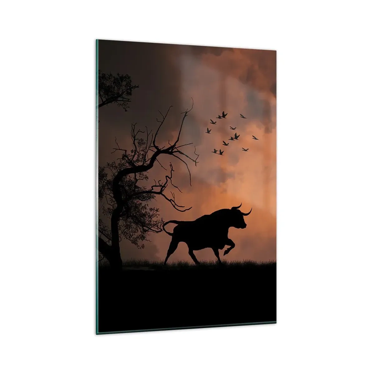 Cuadro sobre vidrio - Impresiones sobre Vidrio - Siluetas de toros contra un cielo naranja al atardecer - 80x120cm - Espectáculo dramático de la naturaleza - Decoración de pared moderna para salón y dormitorio ARTTOR