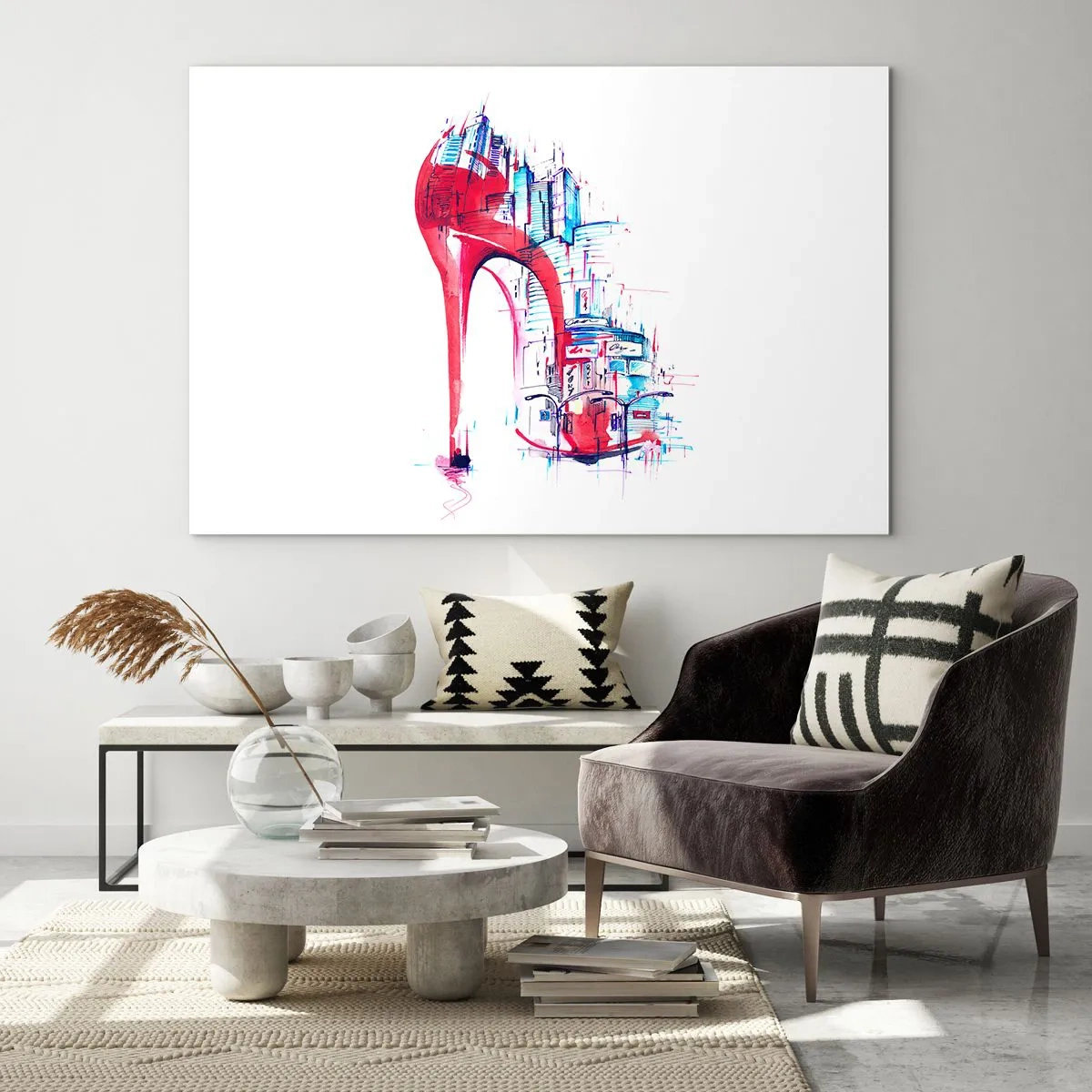 Cuadro sobre vidrio - Impresiones sobre Vidrio - Stiletto rojo con motivo de arquitectura urbana - 70x50cm - Elegancia metropolitana - Decoración de pared moderna para salón y dormitorio ARTTOR