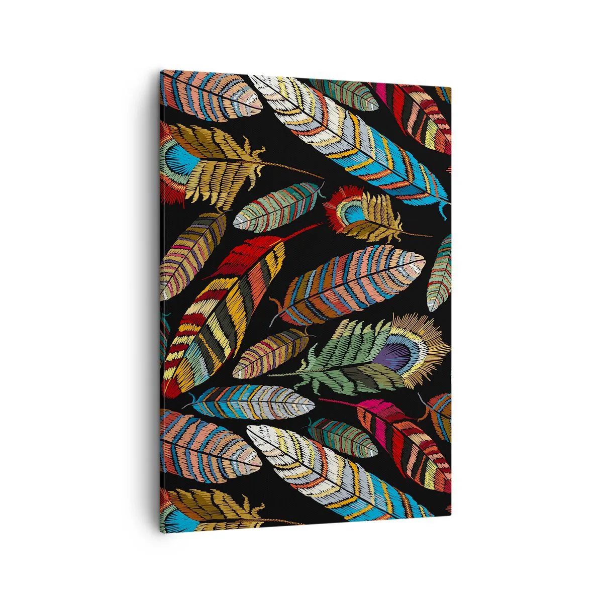 Cuadro sobre lienzo - Impresión de Imagen - Plumas de colores sobre un fondo negro - 50x70cm - Carnaval de las aves - Decoración de pared moderna para salón y dormitorio ARTTOR