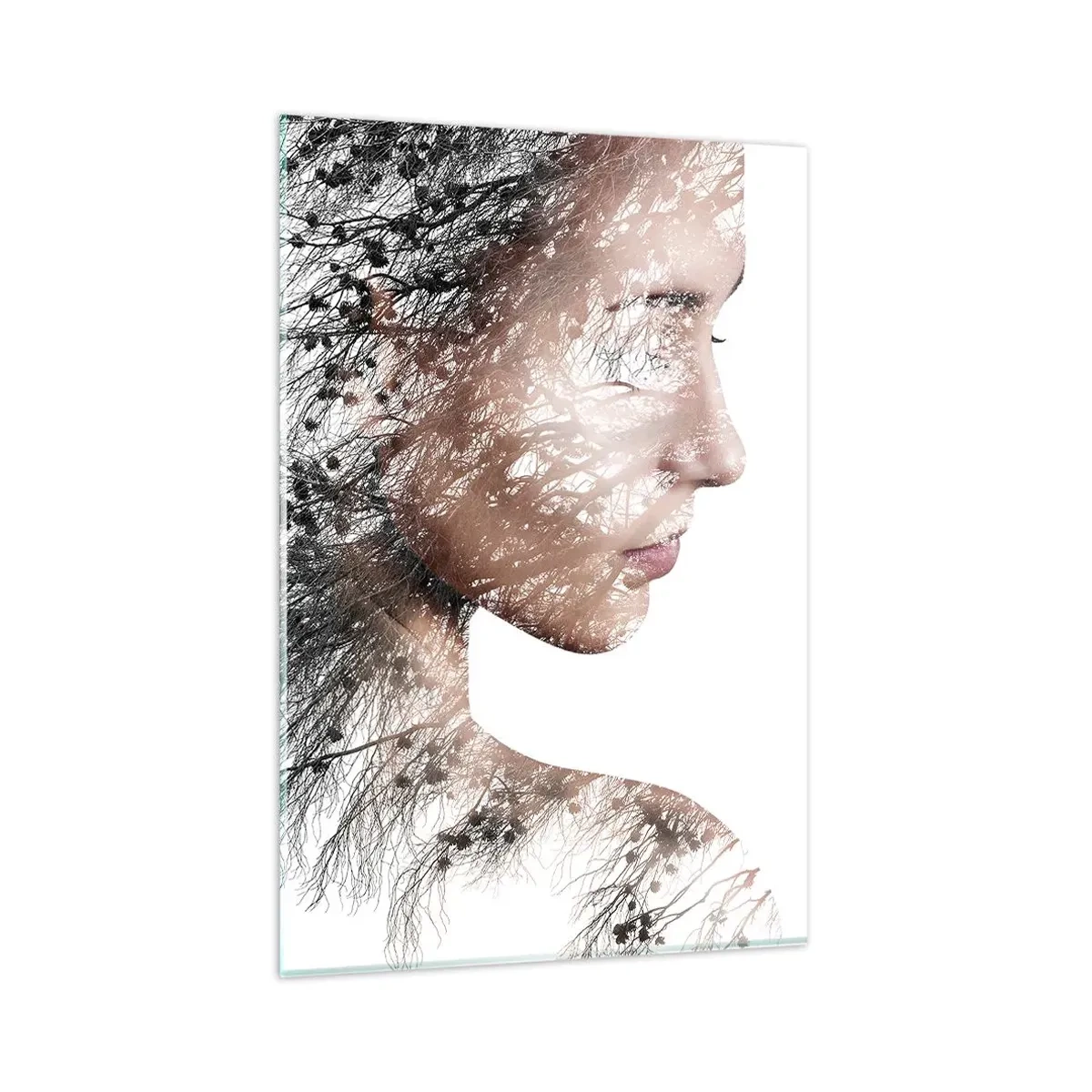 Cuadro sobre vidrio - Impresiones sobre Vidrio - Silueta de una mujer con una rama y un motivo de pájaro en el fondo. - 80x120cm - Espíritu del bosque - Decoración de pared moderna para salón y dormitorio ARTTOR