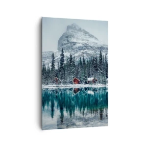 Cuadro sobre lienzo - Impresión de Imagen - Paisaje invernal con cabañas en el bosque junto a un lago congelado - 80x120cm - Retiro canadiense - Decoración de pared moderna para salón y dormitorio ARTTOR