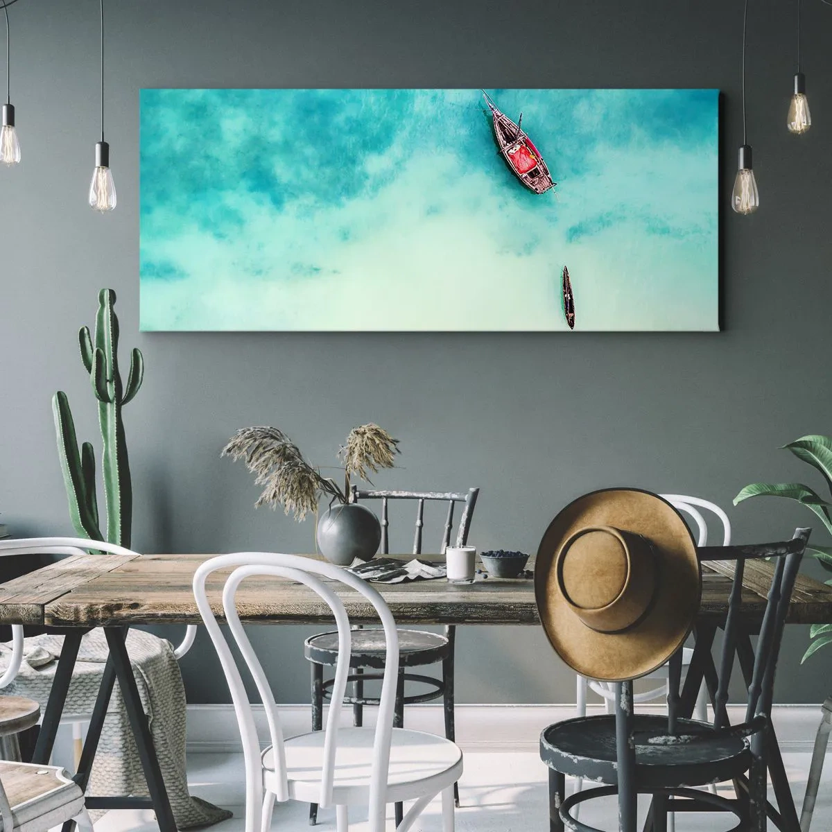 Cuadro sobre lienzo - Impresión de Imagen - Barcos en aguas turquesas vistos a vista de pájaro - 160x50cm - Porque en las playas de Zanzíbar, cuando las aguas se desbordan... - Decoración de pared moderna para salón y dormitorio ARTTOR