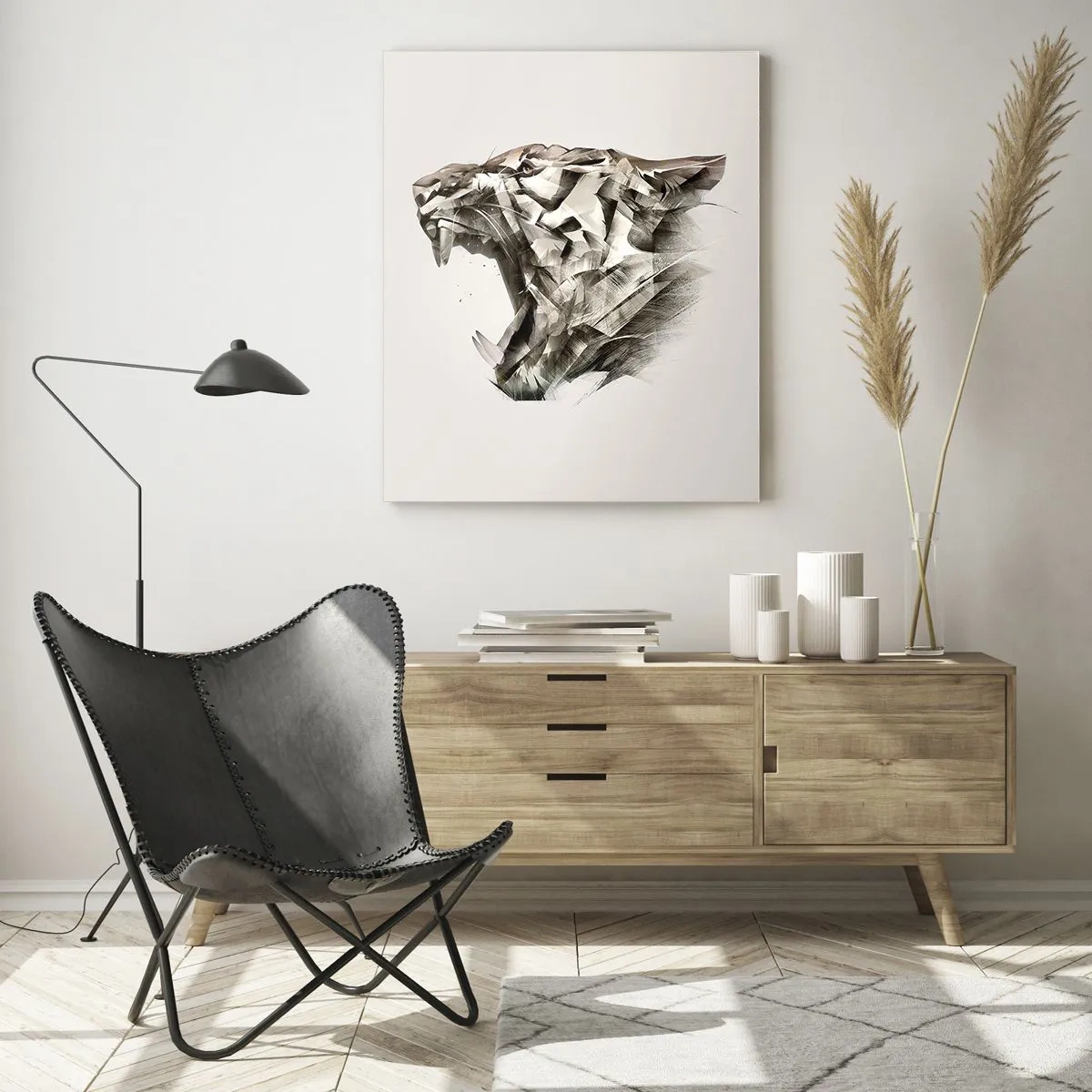 Cuadro sobre vidrio - Impresiones sobre Vidrio - Ilustración geométrica de un tigre rugiente sobre un fondo claro - 50x70cm - Ya sabes quién manda - Decoración de pared moderna para salón y dormitorio ARTTOR