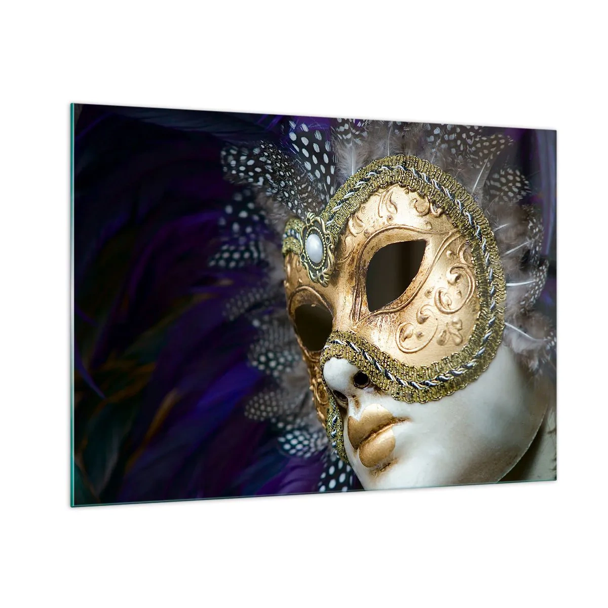 Cuadro sobre vidrio - Impresiones sobre Vidrio - Máscara veneciana dorada con plumas sobre fondo morado. - 100x70cm - Retrato veneciano en oro - Decoración de pared moderna para salón y dormitorio ARTTOR