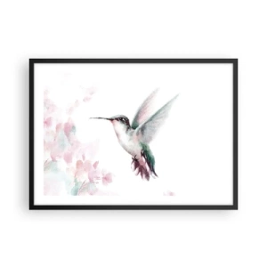Póster en marco negro - Un colibrí en delicados colores pastel sobre un fondo de flores. - 70x50cm - Plasmando el aleteo - Decoración de pared moderna para salón y dormitorio ARTTOR