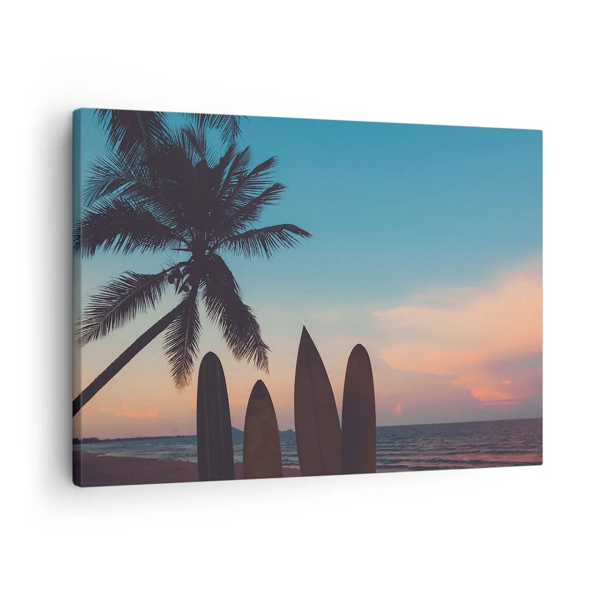 Cuadro sobre lienzo - Impresión de Imagen - Tablas de surf con una palmera y una puesta de sol como telón de fondo - 70x50cm - Mañana también disfrutaremos - Decoración de pared moderna para salón y dormitorio ARTTOR