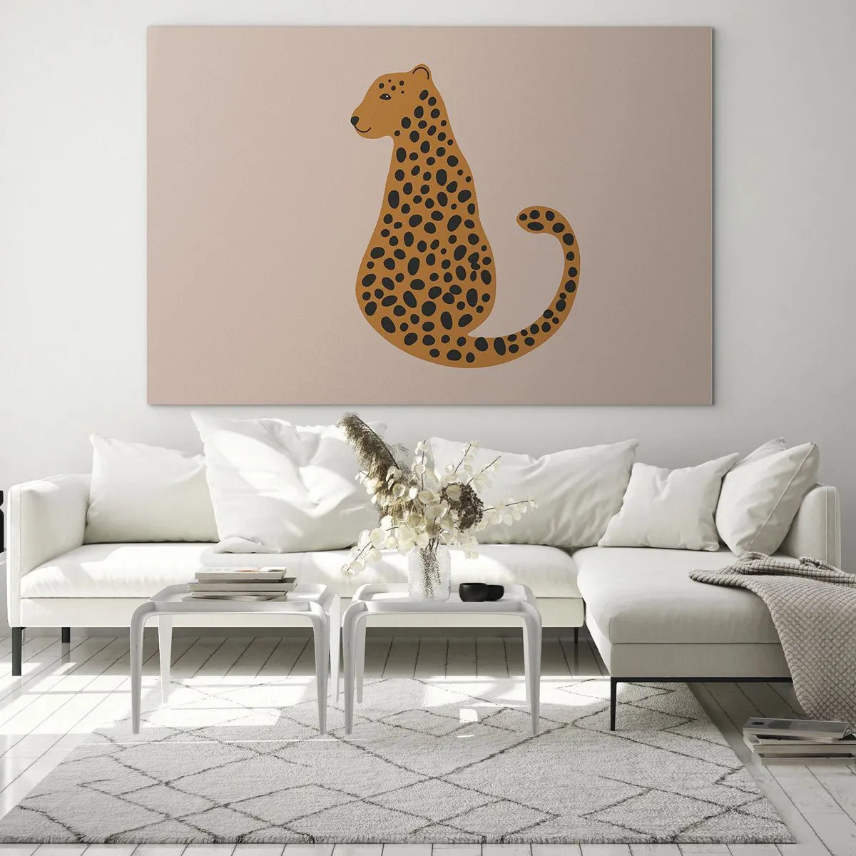 Cuadro sobre vidrio - Impresiones sobre Vidrio - Ilustración de una pantera con manchas negras sobre un fondo beige - 70x50cm - El estampado de leopardo está de moda - Decoración de pared moderna para salón y dormitorio ARTTOR