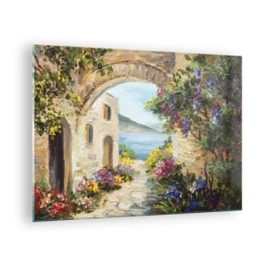 Cuadro sobre vidrio - Impresiones sobre Vidrio - Una calle pintoresca con vista al lago. - 70x50cm - El encanto del paisaje costero - Decoración de pared moderna para salón y dormitorio ARTTOR