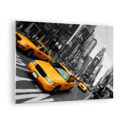 Cuadro sobre vidrio - Impresiones sobre Vidrio - Taxis amarillos con el telón de fondo de calles de la ciudad en blanco y negro - 70x50cm - El sol cae sobre Nueva York - Decoración de pared moderna para salón y dormitorio ARTTOR