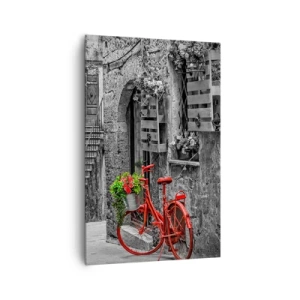 Cuadro sobre lienzo - Impresión de Imagen - Una bicicleta roja en una calle en blanco y negro. - 80x120cm - Callejón de la Toscana - Decoración de pared moderna para salón y dormitorio ARTTOR