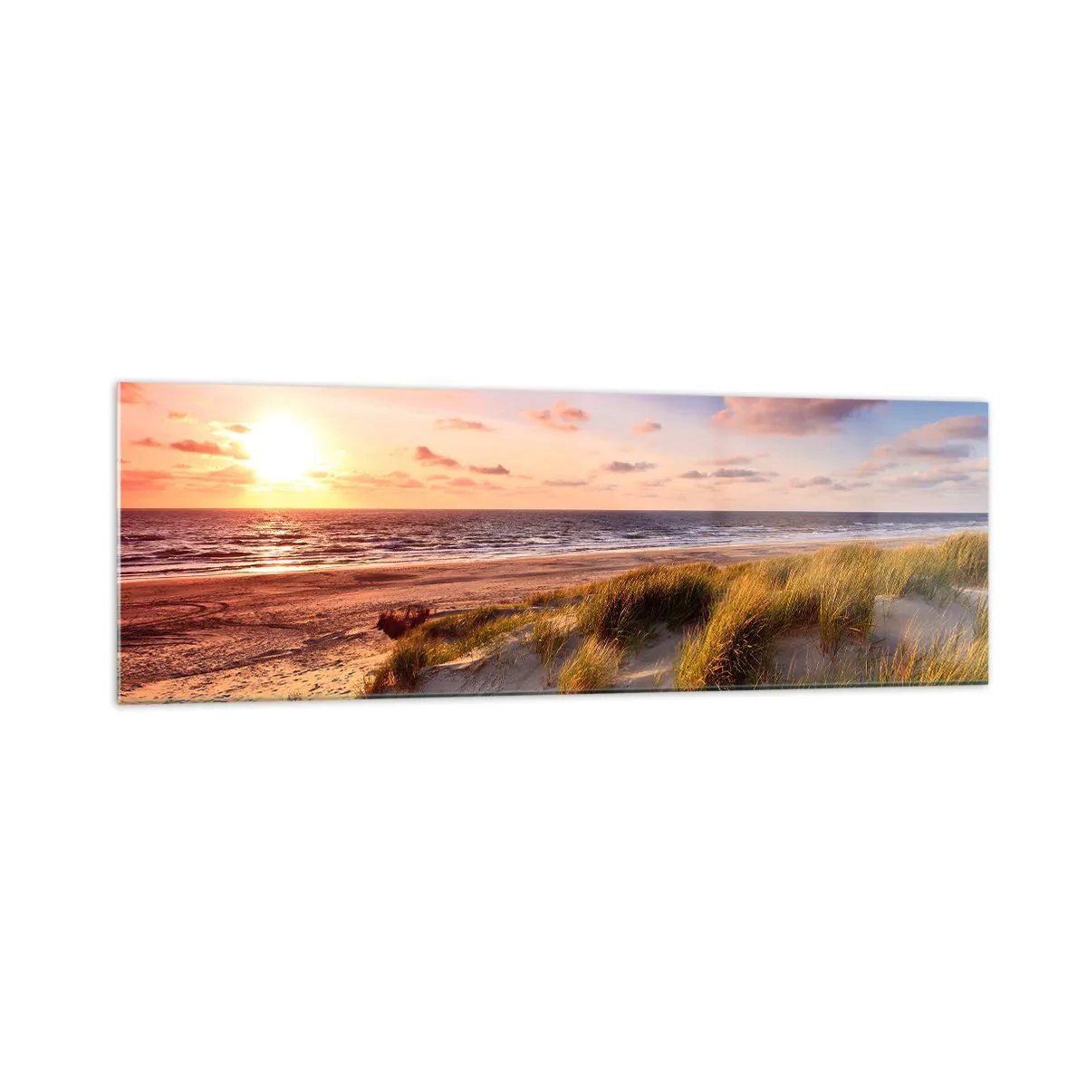 Cuadro sobre vidrio - Impresiones sobre Vidrio - Una playa cubierta de hierba y una puesta de sol sobre un mar en calma. - 160x50cm - Se siente la brisa veraniega - Decoración de pared moderna para salón y dormitorio ARTTOR