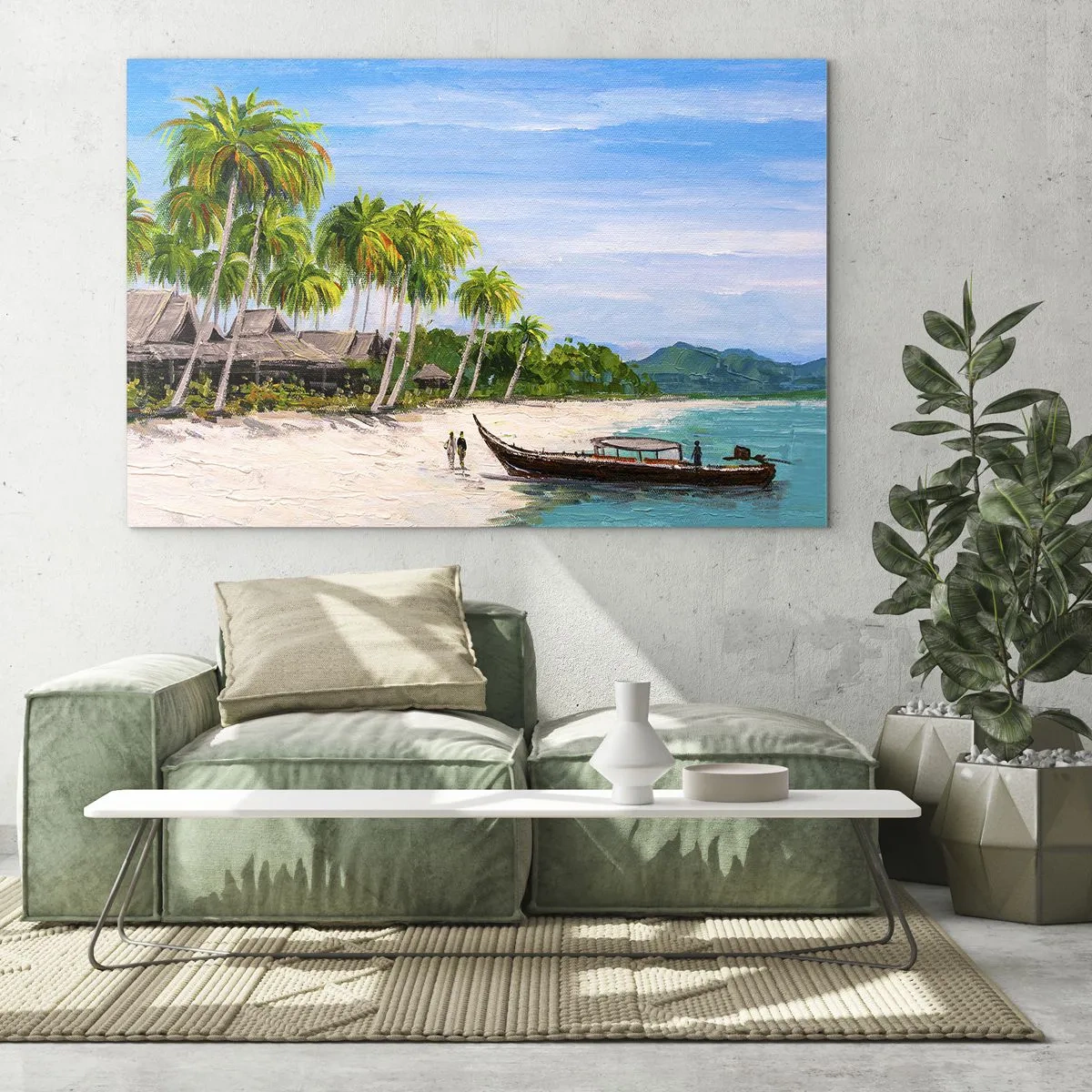 Cuadro sobre vidrio - Impresiones sobre Vidrio - Playa tropical con barco y palmeras junto a chozas tradicionales. - 70x50cm - Un sueño exótico - Decoración de pared moderna para salón y dormitorio ARTTOR