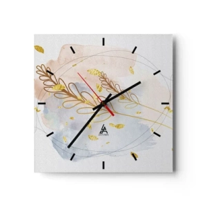 Reloj de pared - Reloj de vidrio - Un delicado motivo de hojas doradas sobre un fondo pastel con detalles de acuarela. - 30x30cm - Ráfaga dorada - Decoración de pared moderna para salón y dormitorio ARTTOR
