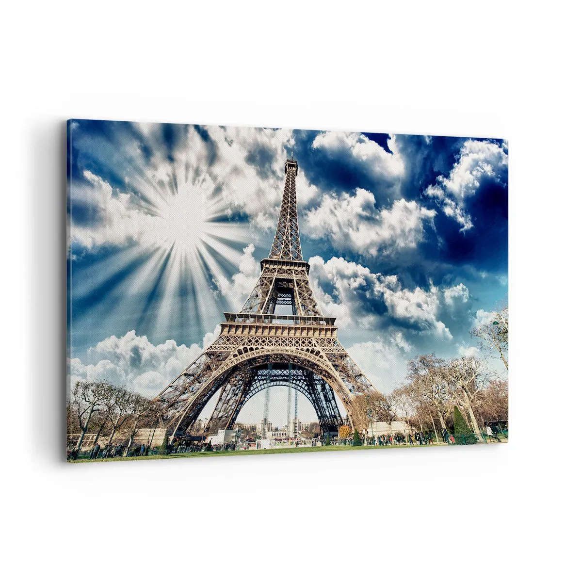 Cuadro sobre lienzo - Impresión de Imagen - La Torre Eiffel contra un cielo soleado con nubes. - 120x80cm - Única bajo el sol - Decoración de pared moderna para salón y dormitorio ARTTOR