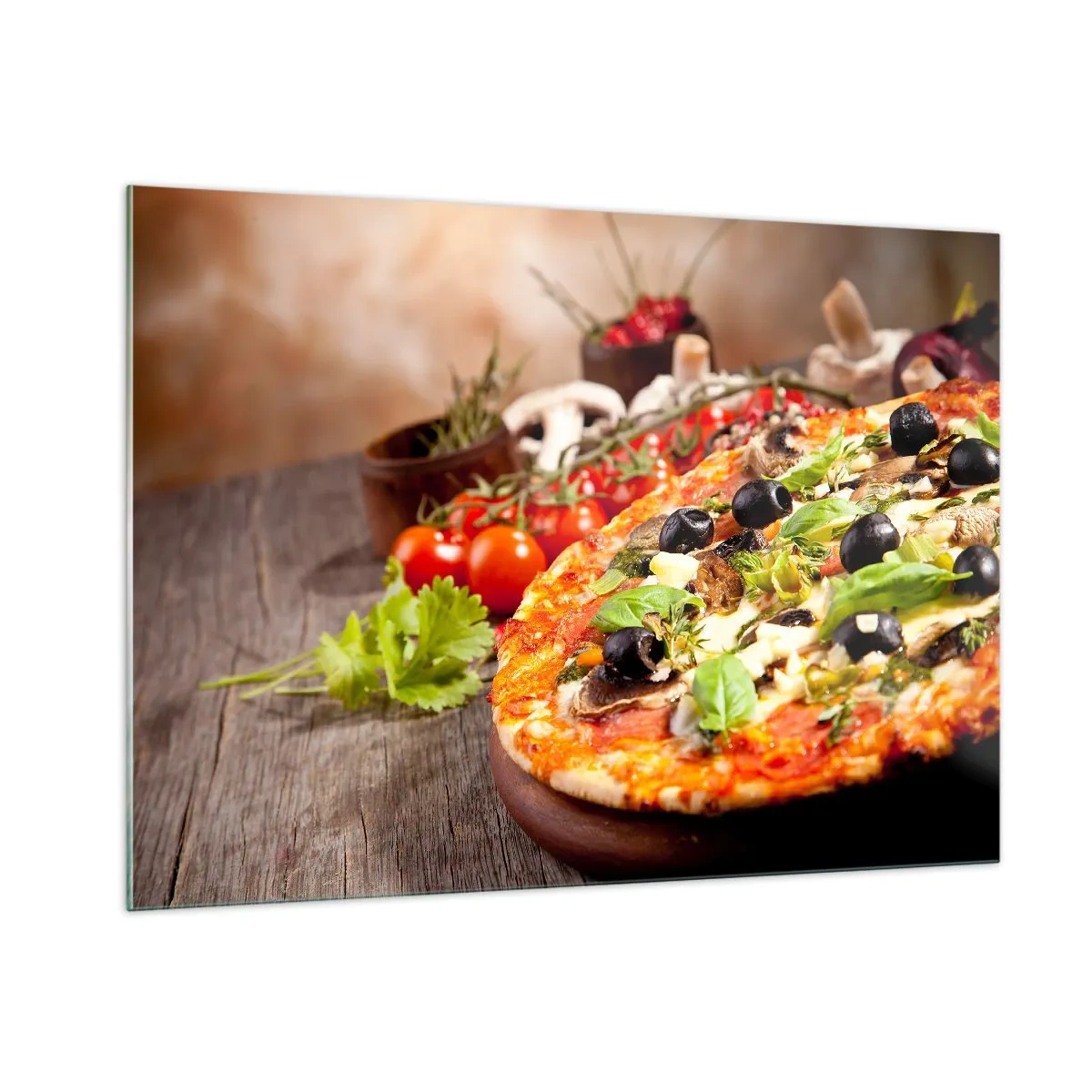 Cuadro sobre vidrio - Impresiones sobre Vidrio - Pizza con aceitunas, champiñones y hierbas frescas sobre una mesa de madera. - 100x70cm - De ingredientes puros - Decoración de pared moderna para salón y dormitorio ARTTOR