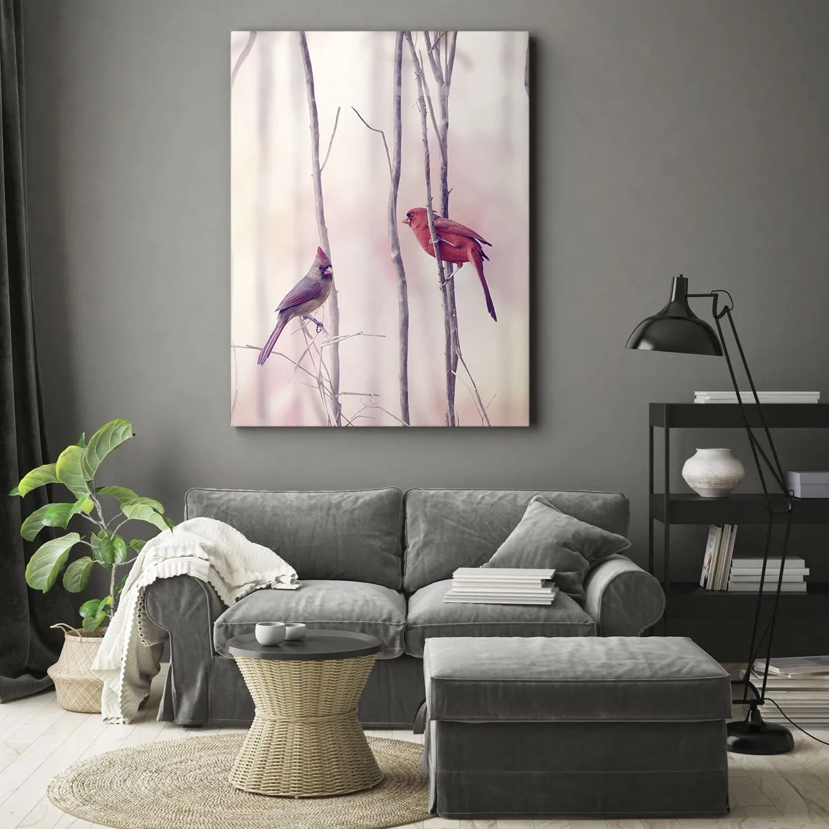 Cuadro sobre lienzo - Impresión de Imagen - Una pareja de cardenales posados en las ramas en un paisaje pastel. - 50x70cm - Historia de un bosque rosa - Decoración de pared moderna para salón y dormitorio ARTTOR