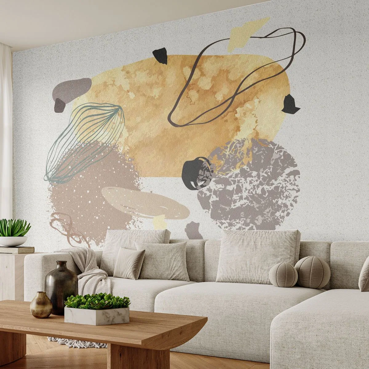 Fotomural Standard Eco - Abstracción beige y marrón con formas orgánicas. - 100x70cm - Plumología aplicada - Decoración de pared moderna para salón y dormitorio ARTTOR
