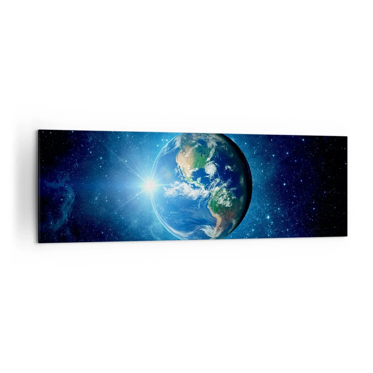 Cuadro sobre lienzo - Impresión de Imagen - La Tierra en el espacio rodeada de estrellas y luz. - 160x50cm - Estamos en el cielo - Decoración de pared moderna para salón y dormitorio ARTTOR