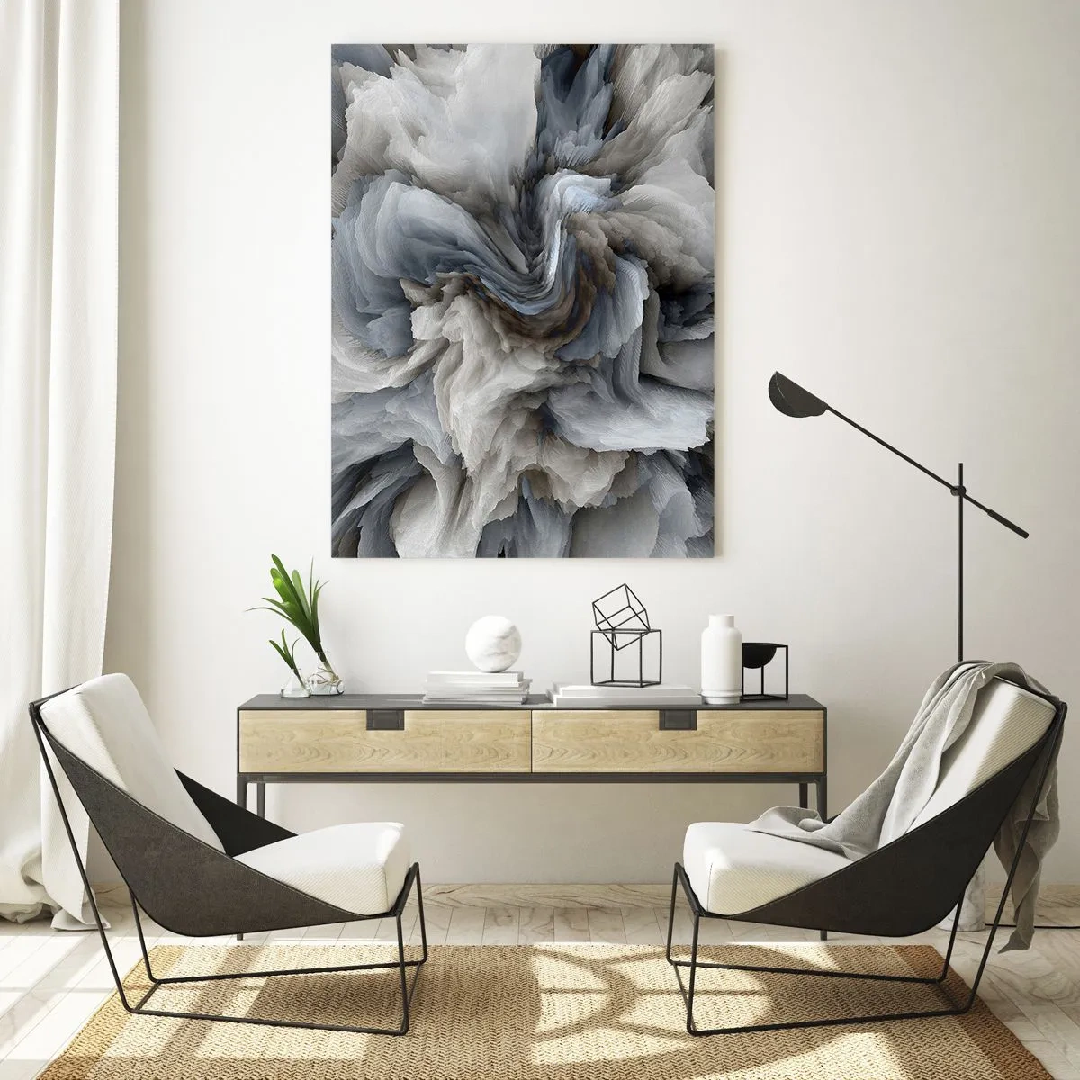 Cuadro sobre vidrio - Impresiones sobre Vidrio - Remolino abstracto en tonos de gris y azul. - 80x120cm - Piedra y flor - Decoración de pared moderna para salón y dormitorio ARTTOR