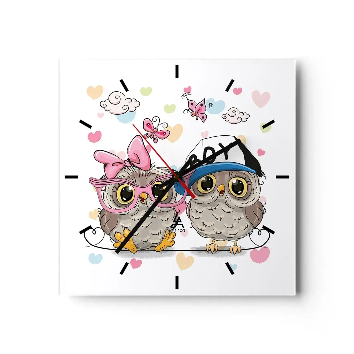 Reloj de pared - Reloj de vidrio - Dos adorables búhos rodeados de corazones. - 30x30cm - El amor - Decoración de pared moderna para salón y dormitorio ARTTOR