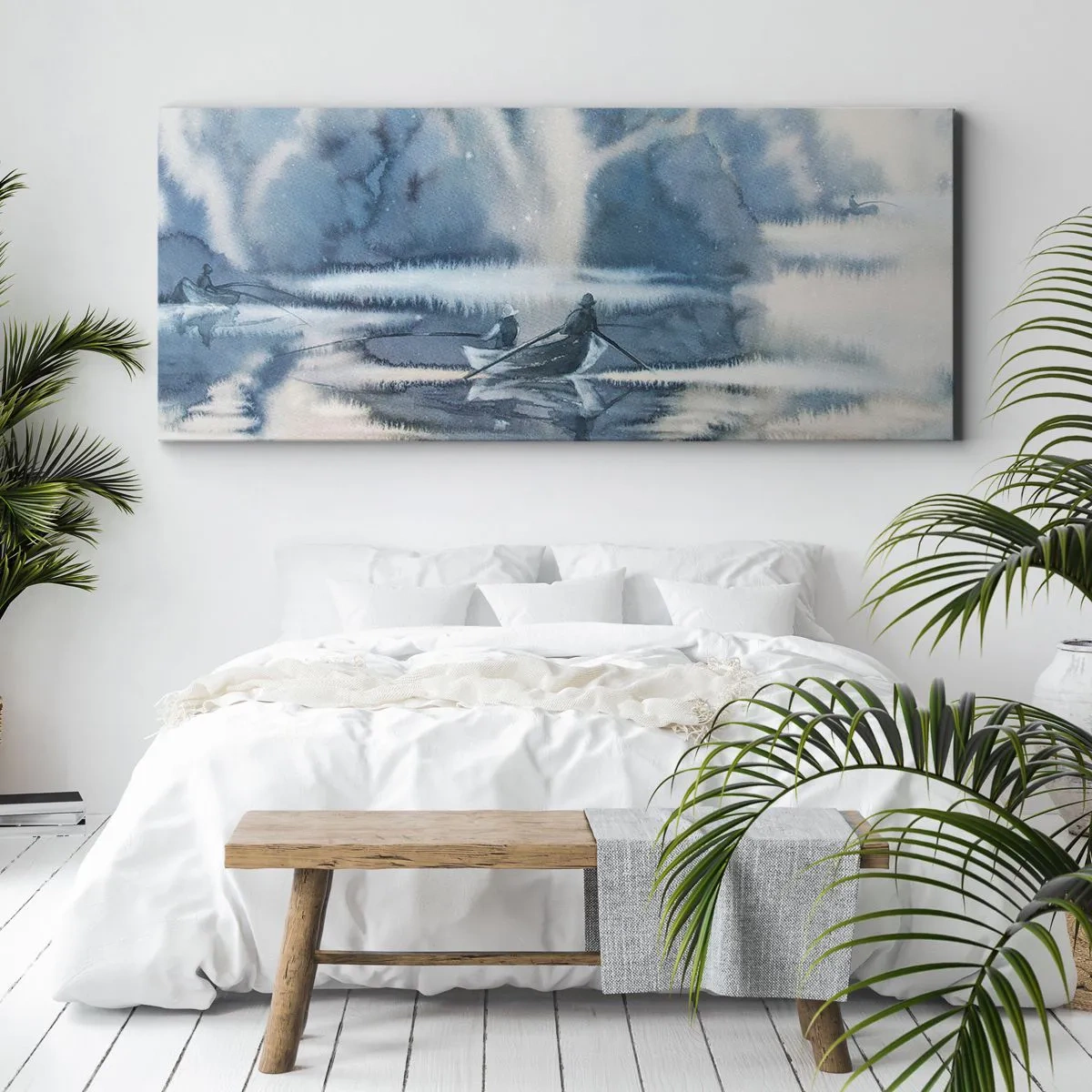 Cuadro sobre lienzo - Impresión de Imagen - Paisaje de acuarela con barcos en un lago rodeado de un bosque brumoso. - 140x50cm - Pescadores en su paraíso - Decoración de pared moderna para salón y dormitorio ARTTOR