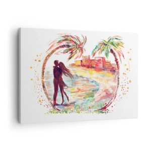 Cuadro sobre lienzo - Impresión de Imagen - Escena romántica de pareja en una playa con palmeras en acuarela - 70x50cm - Unas vacaciones románticas - Decoración de pared moderna para salón y dormitorio ARTTOR