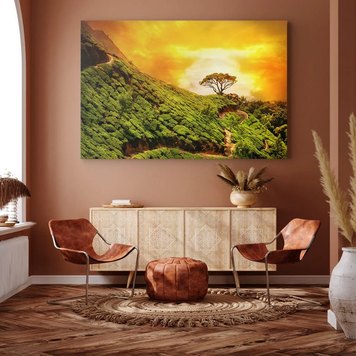 Cuadro sobre lienzo - Impresión de Imagen - Colinas verdes de plantaciones de té al atardecer - 100x70cm - Por un camino sinuoso, por una verde pendiente - Decoración de pared moderna para salón y dormitorio ARTTOR