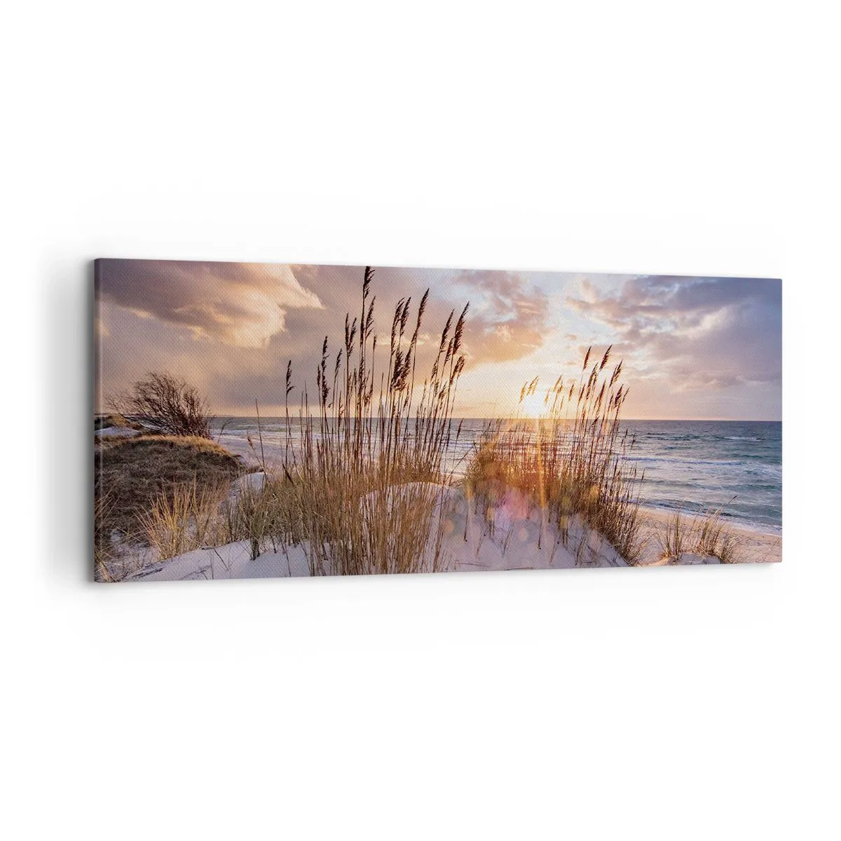 Cuadro sobre lienzo - Impresión de Imagen - Dunas con hierbas con el sol poniente como telón de fondo - 120x50cm - Adiós al sol y al viento - Decoración de pared moderna para salón y dormitorio ARTTOR