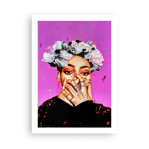 Póster - Un retrato expresivo de una mujer sobre un fondo rosa intenso. - 50x70cm - Un poco alocada - Decoración de pared moderna para salón y dormitorio ARTTOR