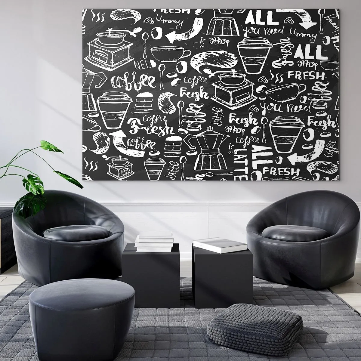 Cuadro sobre vidrio - Impresiones sobre Vidrio - Gráficos y letras de café sobre un fondo negro en estilo retro. - 120x80cm - All you need is… - Decoración de pared moderna para salón y dormitorio ARTTOR