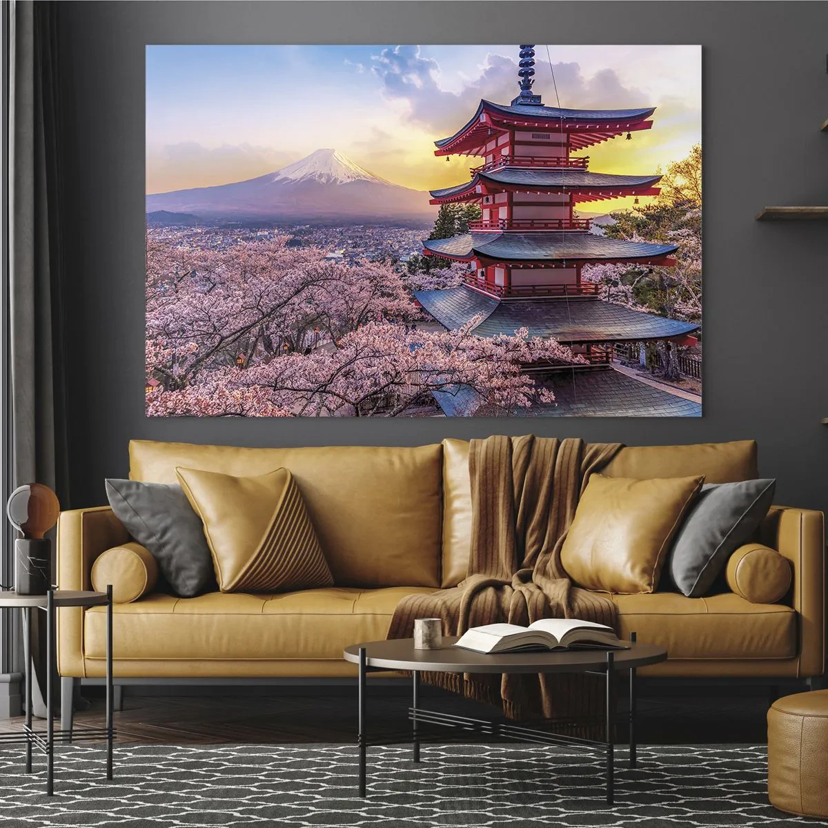 Cuadro sobre vidrio - Impresiones sobre Vidrio - Una pagoda en un paisaje japonés con vistas al monte Fuji y árboles en flor. - 70x50cm - La esencia del espíritu japonés - Decoración de pared moderna para salón y dormitorio ARTTOR