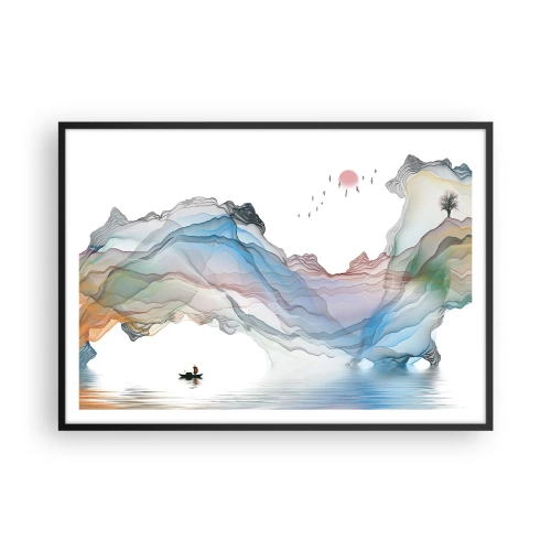 Póster en marco negro - Un paisaje sutil con montañas, agua y un barco. - 100x70cm - Hacia las montañas de cristal - Decoración de pared moderna para salón y dormitorio ARTTOR
