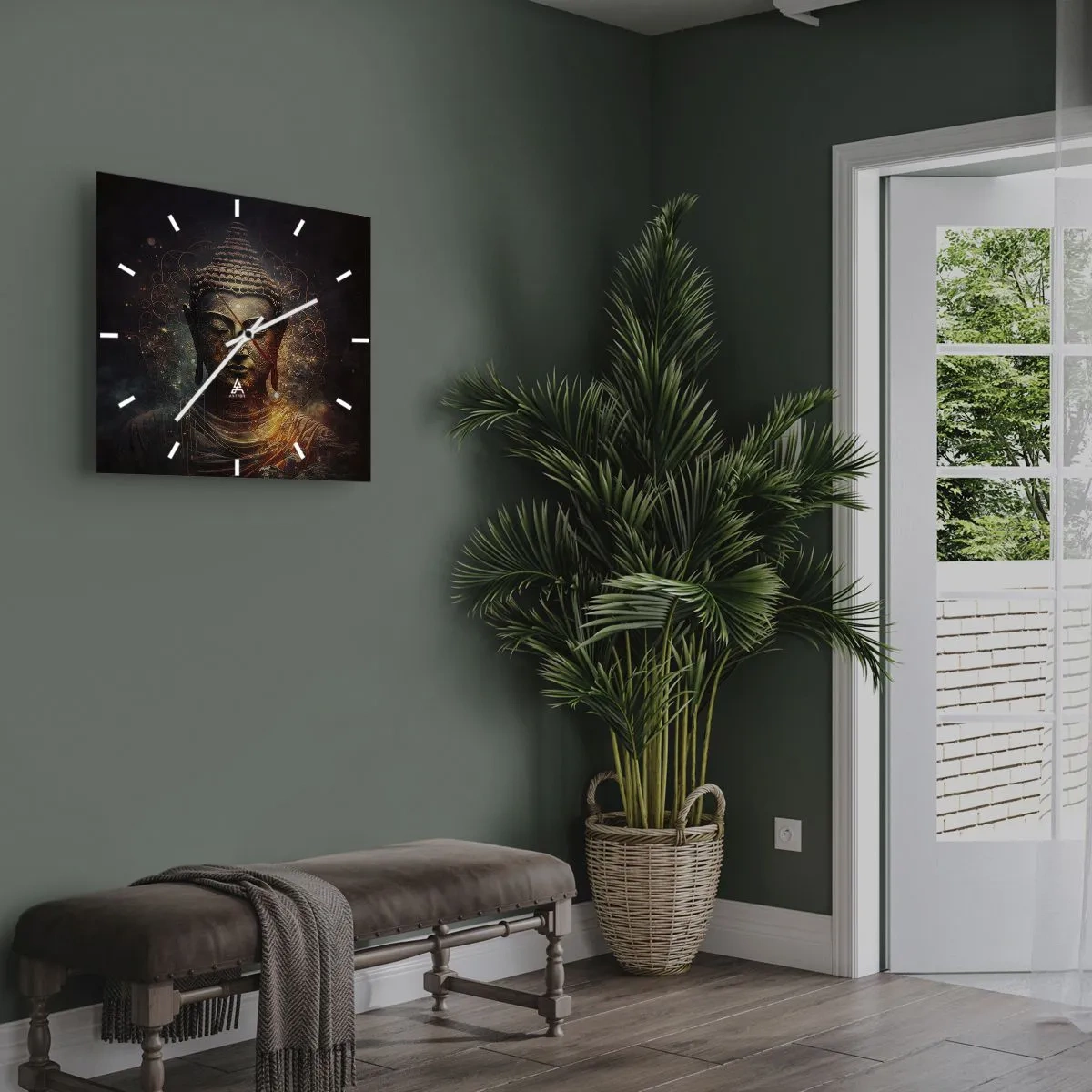 Reloj de pared - Reloj de vidrio - Buda dorado sobre un fondo oscuro con adornos. - 30x30cm - Equilibrio espiritual - Decoración de pared moderna para salón y dormitorio ARTTOR