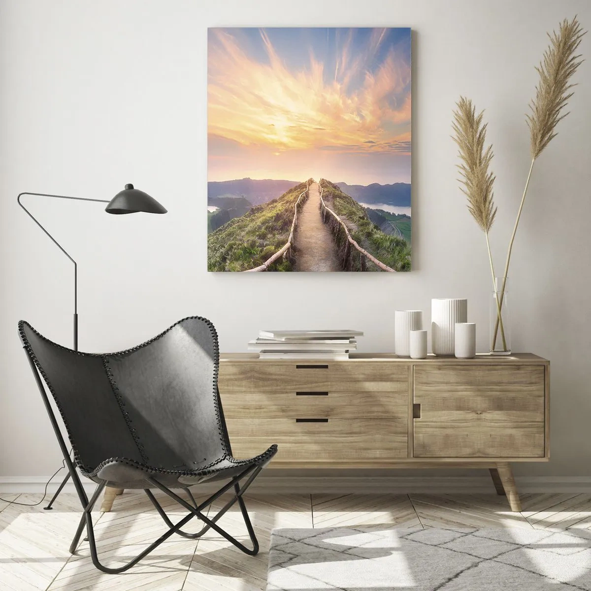 Cuadro sobre vidrio - Impresiones sobre Vidrio - Un pintoresco sendero en una colina con vista al atardecer. - 70x100cm - Cerca del cielo - Decoración de pared moderna para salón y dormitorio ARTTOR