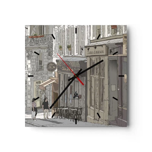 Reloj de pared - Reloj de vidrio - Ilustración de una calle de la ciudad con cafés y tiendas. - 30x30cm - Alegrías urbanas - Decoración de pared moderna para salón y dormitorio ARTTOR