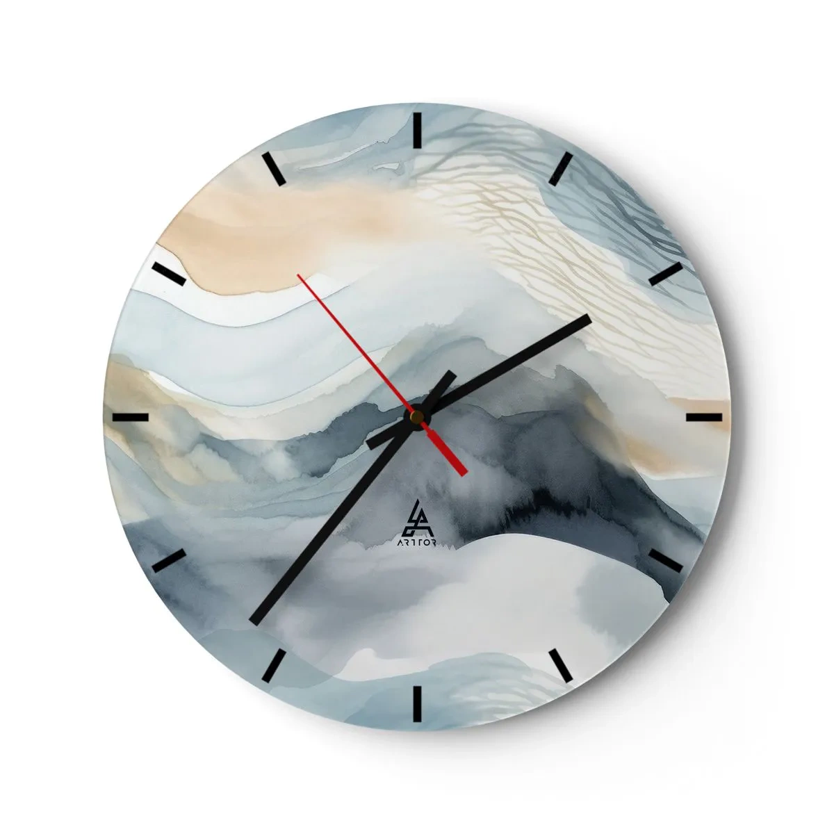 Reloj de pared - Reloj de vidrio - Paisaje abstracto en tonos azules y beige. - 30x30cm - Abstracción de nieve y niebla - Decoración de pared moderna para salón, cocina y dormitorio ARTTOR