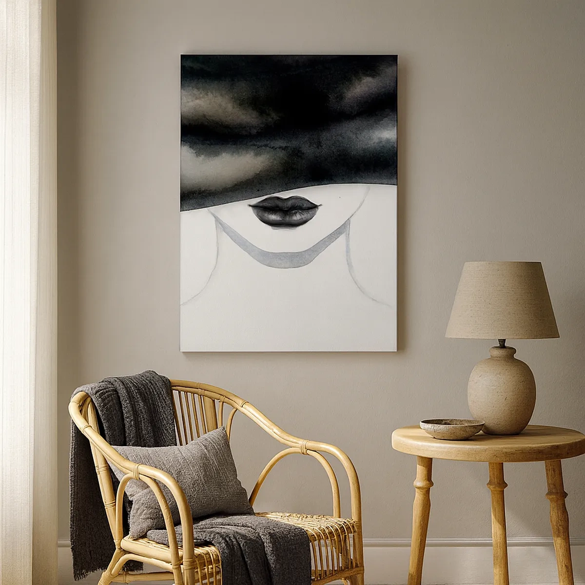 Cuadro sobre lienzo - Impresión de Imagen - Un retrato sutil de una mujer con el rostro cubierto en un estilo monocromático. - 50x70cm - Un misterio sensual - Decoración de pared moderna para salón y dormitorio ARTTOR